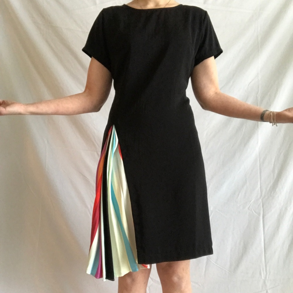 **SOLD** VINTAGE short sleeve black dress with rainbow peek-a-boo pleats XL